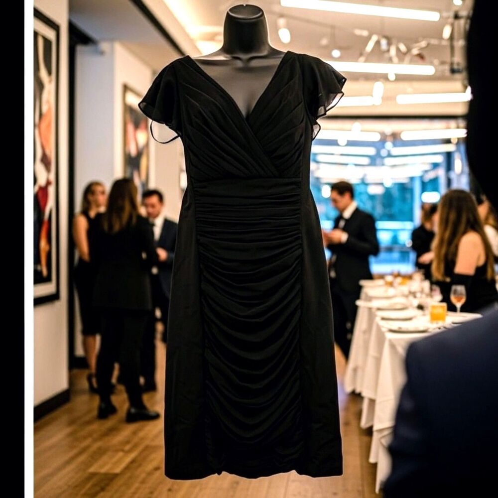 NEW WHBM Slimming Tech Sz 12 Black ISD Ruched Flutter Sheath Midi Stretch $170